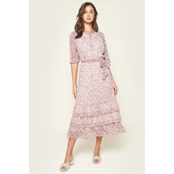 Sugarlips Arlene Floral Ruffle Midi Dress Pink - Picture 1 of 6